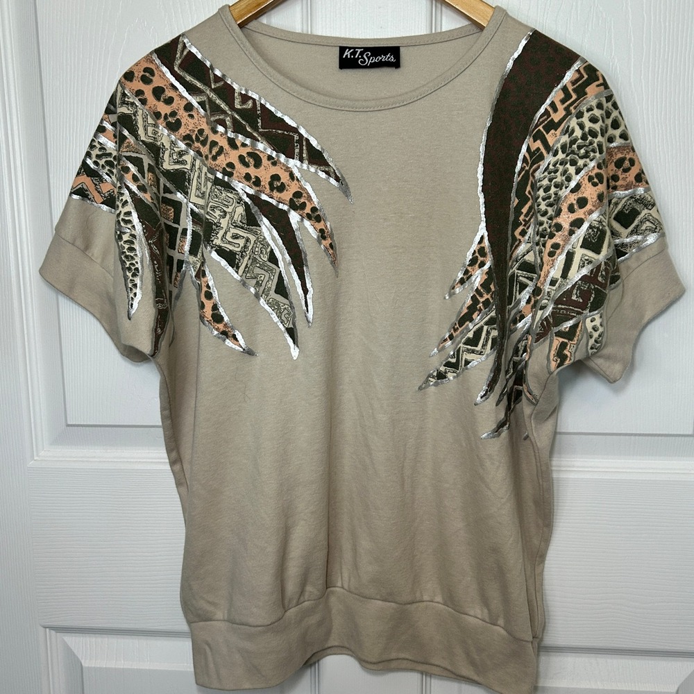 Vintage K.T. Sports Womens‎ Top XL Beige Brown Graphic Print Short Sleeve USA